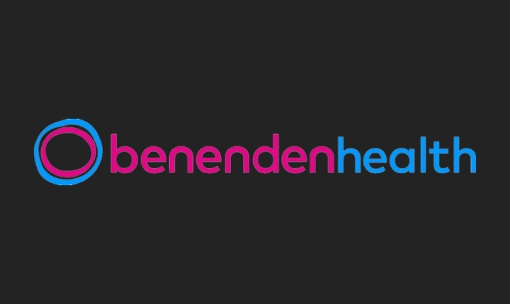 Benenden Health Logo in pink and blue on black background