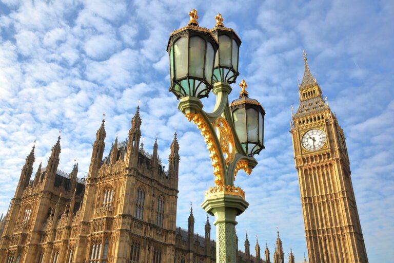 View of Londons Big Ben with Houses of Parliament on blue sky background